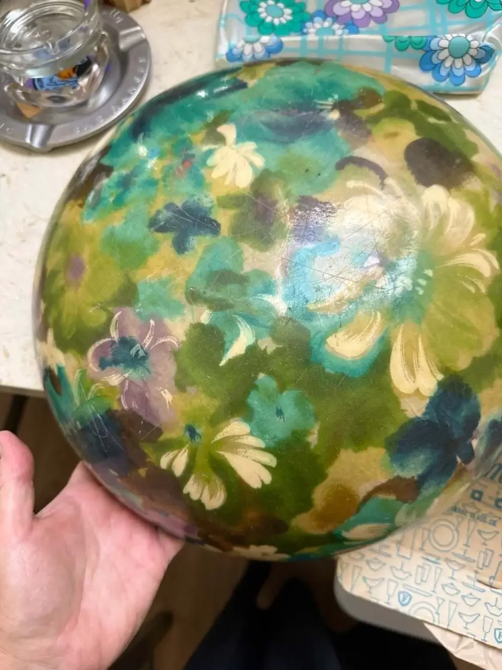 Vintage Mid-Century Modern Floral Fiberglass Serving Bowl Green Blue